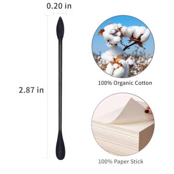 HOMEFOX Black Cotton Swabs Precision Pointed - 400 Count Organic Pointy Pointed Cotton Bud Double Side Tightly Wrapped Charcoal Cotton Tip Paper Stick Soft Gentle Cruelty-Free, Pointy & Round (Black)
