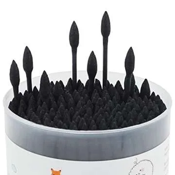 HOMEFOX Black Cotton Swabs Precision Pointed - 400 Count Organic Pointy Pointed Cotton Bud Double Side Tightly Wrapped Charcoal Cotton Tip Paper Stick Soft Gentle Cruelty-Free, Pointy & Round (Black)