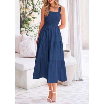 PRETTYGARDEN Womens Smocked Midi Dress 2025 Summer Ruffle A Line Long Flowy Dresses Cute Sleeveless Beach Sundress (Dark Blue,X-Large)