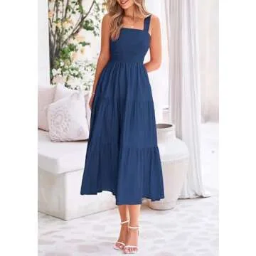 PRETTYGARDEN Womens Smocked Midi Dress 2025 Summer Ruffle A Line Long Flowy Dresses Cute Sleeveless Beach Sundress (Dark Blue,X-Large)