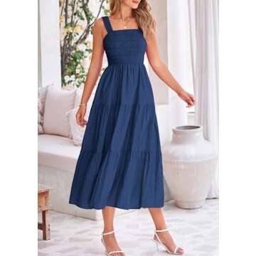 PRETTYGARDEN Womens Smocked Midi Dress 2025 Summer Ruffle A Line Long Flowy Dresses Cute Sleeveless Beach Sundress (Dark Blue,X-Large)