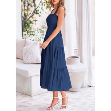 PRETTYGARDEN Womens Smocked Midi Dress 2025 Summer Ruffle A Line Long Flowy Dresses Cute Sleeveless Beach Sundress (Dark Blue,X-Large)