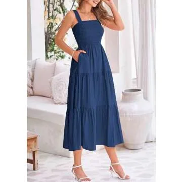 PRETTYGARDEN Womens Smocked Midi Dress 2025 Summer Ruffle A Line Long Flowy Dresses Cute Sleeveless Beach Sundress (Dark Blue,X-Large)
