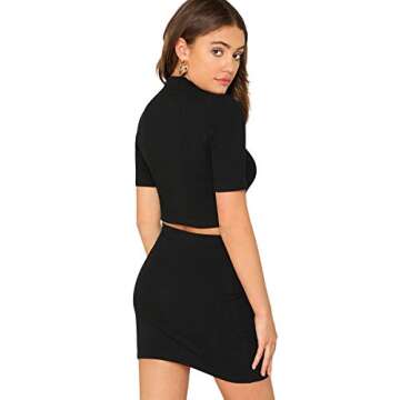 SheIn Women's 2 Pieces Knit Ribbed Mock Neck Crop Top and Mini Skirt Set Black