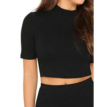SheIn Women's 2 Pieces Knit Ribbed Mock Neck Crop Top and Mini Skirt Set Black