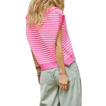 Yousify Sweater Vest Women V Neck Tunic Tops Dressy Summer Color Block Polo Sweaters Pink S