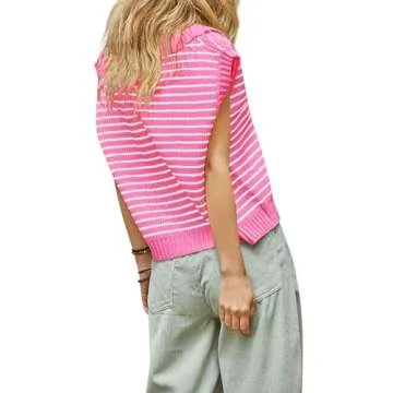 Yousify Sweater Vest Women V Neck Tunic Tops Dressy Summer Color Block Polo Sweaters Pink S