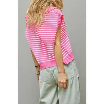 Yousify Sweater Vest Women V Neck Tunic Tops Dressy Summer Color Block Polo Sweaters Pink S