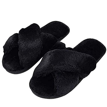 HUMIWA Black Cross Slippers Fuzzy Fluffy Faux Fur House SPA Cute Open Toe Slippers for Women Girl/Wo...