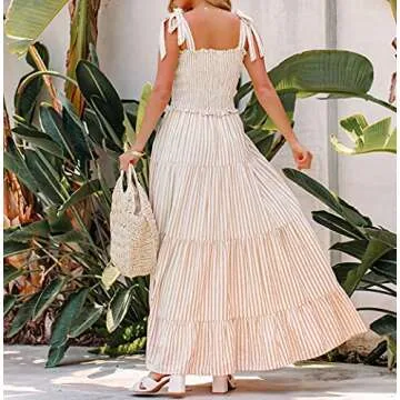 R.Vivimos Women's Summer Cotton Adjustable Straps Boho Stripe Casual Flowy A Line Midi Dress with Pockets (Medium, Brown-Stripe)