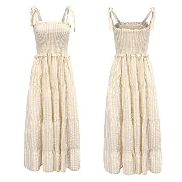 R.Vivimos Women's Summer Cotton Adjustable Straps Boho Stripe Casual Flowy A Line Midi Dress with Pockets (Medium, Brown-Stripe)