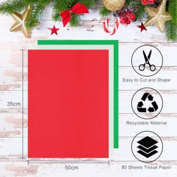 AORZIT Red Green White Tissue Paper Assortment 80 Sheets Christmas Wrapping Tissue Paper Bulk 14x20 Inch Tissue Paper for Gift Bag Wrapping DIY Crafts Filler Christmas Birthday Party Decor