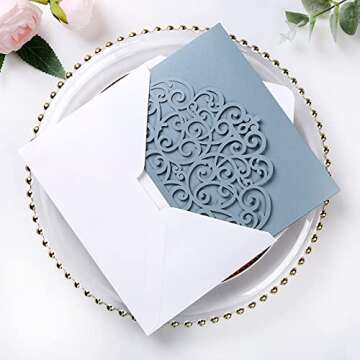PONATIA 5.12 x 7.2 Dusty Blue Laser Cut Invitation Pocket, 20PCS Tri-Fold 5 x 7 Laser Cut Wedding Invitation Pockets with Envelopes for Wedding Bbay Shower Birthday Sweet 16 Invite (No Inner Sheet)