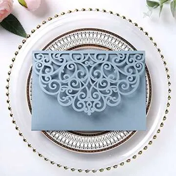 PONATIA 5.12 x 7.2 Dusty Blue Laser Cut Invitation Pocket, 20PCS Tri-Fold 5 x 7 Laser Cut Wedding Invitation Pockets with Envelopes for Wedding Bbay Shower Birthday Sweet 16 Invite (No Inner Sheet)
