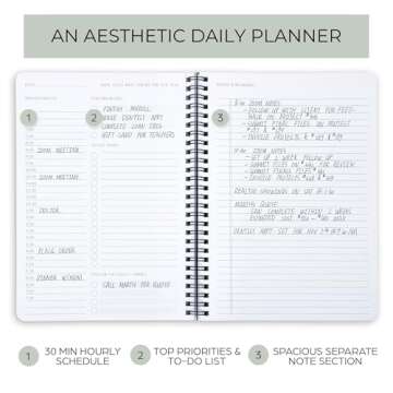 Beautiful Daily Planner And Notebook With Hourly Schedule - Aesthetic Spiral To do List Notepad to E...