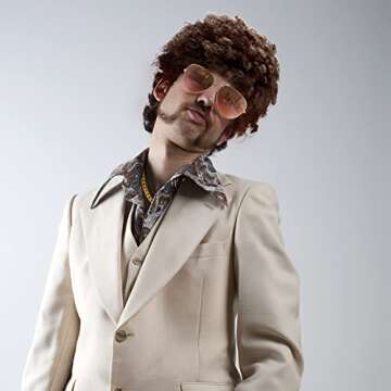 Gejoy Hippie Disco Costume Men Set Funky Afro Wig,Gold Celebrity Sunglasses Faux Gold Chain for 50/60/70s Party Accessories(Brown Hair)