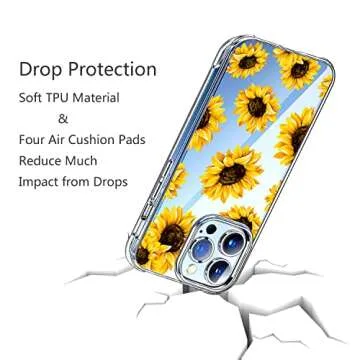 HEYORUN Sunflower Case Compatible for iPhone 13 Pro Max 6.7 Inch 2021, Sunflower Girls and Women Floral Clear Back Case Cover, Yellow Flower Transparent Flexible TPU Bumper Shockproof Protective Case