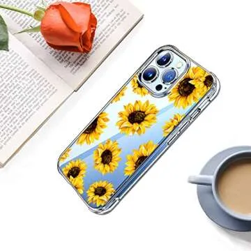 HEYORUN Sunflower Case Compatible for iPhone 13 Pro Max 6.7 Inch 2021, Sunflower Girls and Women Floral Clear Back Case Cover, Yellow Flower Transparent Flexible TPU Bumper Shockproof Protective Case
