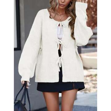 Saodimallsu Womens Tie Front Cardigan Sweaters Cute Bow Puff Long Sleeve 2024 Fall Loose Ribbed Knit...
