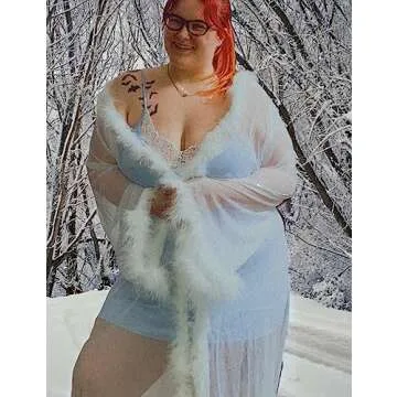 ohyeahlady Women Long Kimono Robe See Through Lingerie Nightgown Bridal Feather Robe with Fur White ...