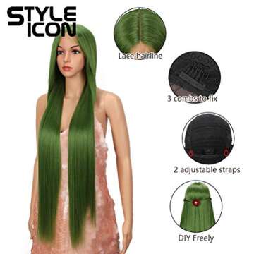 Style Icon 38" Super Long Straight Wigs Lace Front Green Synthetic Wig