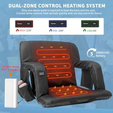 NAIZEA Heated Stadium Seat for Bleachers with Back Support, Bleacher Chairs with Back and Cushion Stadium Chair with 6 Reclining Positions & Arm Support, Heated Camping Chair- Power Bank Not Included
