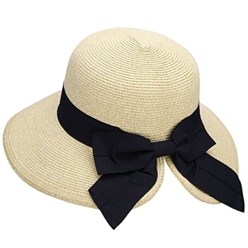 Summer Hat for Women Big Brim Women's Sun Hat UPF 50+ Foldable/Portable Floppy Straw Beach Hat Womens Hats with Brim for Sun Protection,Beige with Black Bow