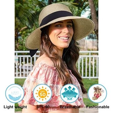 Summer Hat for Women Big Brim Women's Sun Hat UPF 50+ Foldable/Portable Floppy Straw Beach Hat Womens Hats with Brim for Sun Protection,Beige with Black Bow
