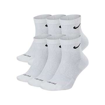 NIKE Dri-Fit Training Everyday PLUS MAX Cushioned Quarter Cut Ankle Socks 6 PAIR White Black Swoosh Logo) LARGE 8-12
