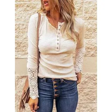 BTFBM Women Long Sleeve Shirts Solid Button V Neck Lace Sleeves Slim Fit Casual Fall Shirts 2025(Lace Beige, Medium)