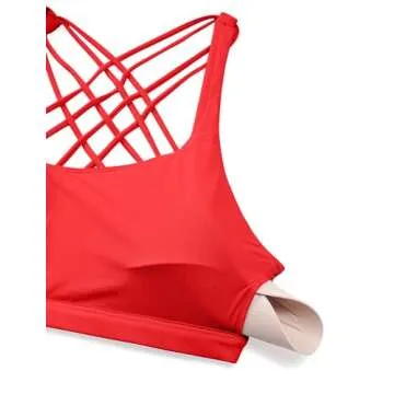 CRZ YOGA Strappy Sports Bras for Women - Criss Cross Back Wireless Padded Yoga Workout Cami Top Deep Red Large