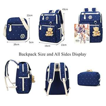 VIDOSCLA 3Pcs Wave Point Canvas School Bag Primary Student Backpack British Wind Elementary BookBag Bag Sets with Plush Doll