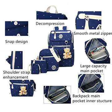 VIDOSCLA 3Pcs Wave Point Canvas School Bag Primary Student Backpack British Wind Elementary BookBag Bag Sets with Plush Doll