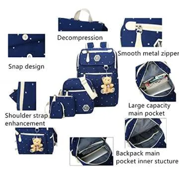 VIDOSCLA 3Pcs Wave Point Canvas School Bag Set