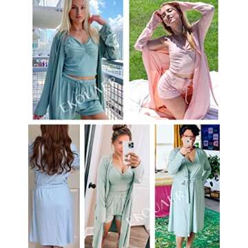 Ekouaer Rib Knit Pajamas Set for Women 3 Piece Lounge Sets Soft Cami and Shorts Pjs with Cardigan Loungewear (Green, M)