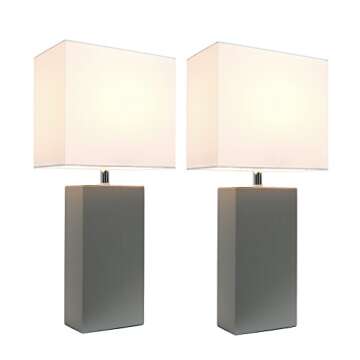 Elegant Designs LC2000-GRY-2PK Modern Leather Table Lamps – 2 Pack with White Shades