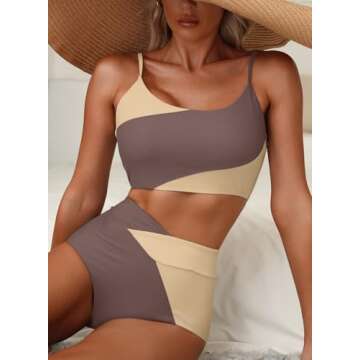 Herseas High Waisted Tummy Control Color Block Bikini Set 2 Piece Crop Top Swim Bathing Suits for Te...