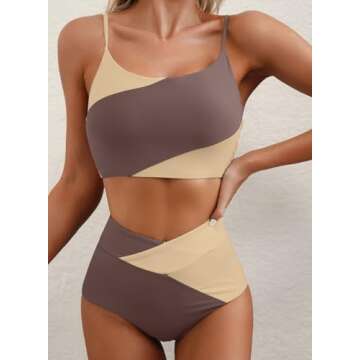 Herseas High Waisted Tummy Control Color Block Bikini Set 2 Piece Crop Top Swim Bathing Suits for Teen Girls 2025 Dark Brown Medium
