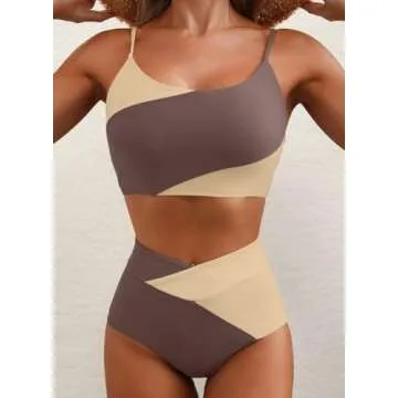 Herseas High Waisted Tummy Control Color Block Bikini Set 2 Piece Crop Top Swim Bathing Suits for Teen Girls 2025 Dark Brown Medium