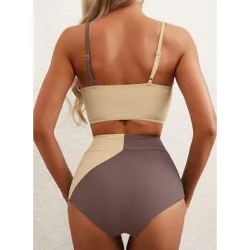 Herseas High Waisted Tummy Control Color Block Bikini Set 2 Piece Crop Top Swim Bathing Suits for Teen Girls 2025 Dark Brown Medium