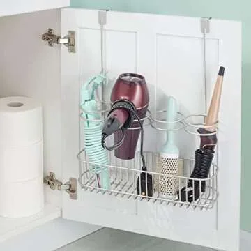 mDesign Metal Bathroom Storage Tool Organizer Accessory Basket Tray - Hang Over Cabinet Door - Storage for Hair Dryer, Straightener, Curling Iron & Hair Styling Products - Concerto Collection - Satin