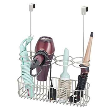 mDesign Metal Bathroom Storage Tool Organizer Accessory Basket Tray - Hang Over Cabinet Door - Storage for Hair Dryer, Straightener, Curling Iron & Hair Styling Products - Concerto Collection - Satin