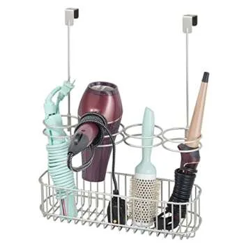 mDesign Metal Bathroom Storage Tool Organizer Accessory Basket Tray - Hang Over Cabinet Door - Storage for Hair Dryer, Straightener, Curling Iron & Hair Styling Products - Concerto Collection - Satin