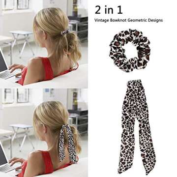 Jaciya 6 Pieces Satin Hair Scrunchies for Hair Bowknot Silk Satin Scarf Hair Ties Pattern Leopard Animal Print Hair Scrunchy Hair Bow Accessories for Women