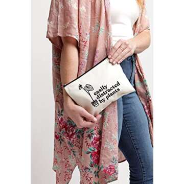 Moonwake Designs, Easily Distracted by Plants, Beige Cotton Canvas Makeup Bag, Plant Lover Gift