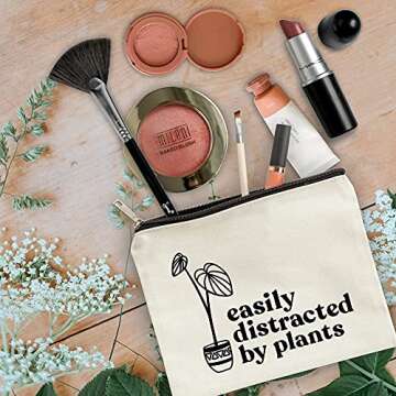 Moonwake Designs, Easily Distracted by Plants, Beige Cotton Canvas Makeup Bag, Plant Lover Gift