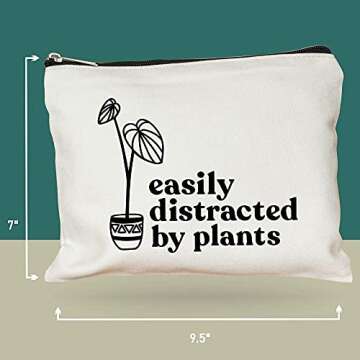 Moonwake Designs, Easily Distracted by Plants, Beige Cotton Canvas Makeup Bag, Plant Lover Gift