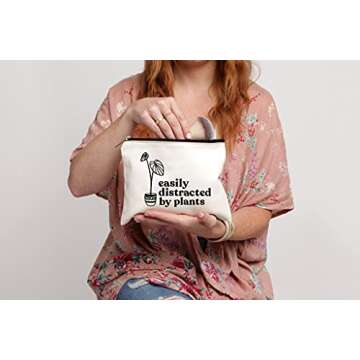 Moonwake Designs, Easily Distracted by Plants, Beige Cotton Canvas Makeup Bag, Plant Lover Gift