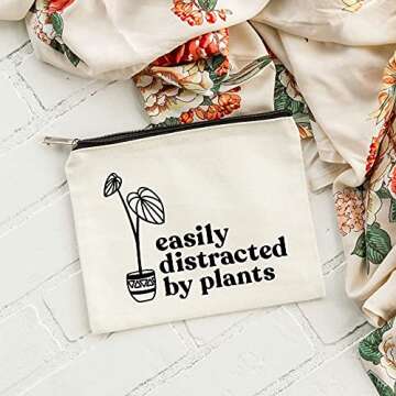 Moonwake Designs, Easily Distracted by Plants, Beige Cotton Canvas Makeup Bag, Plant Lover Gift