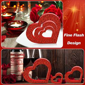 3 Pcs Valentine's Day Heart Wooden Sign Glitter Rustic Heart Shape Wood Decor Tabletop Centerpiece Heart Decor Freestanding Love Table Decoration for Wedding Desk Office Shelf Home Decor (Heart)